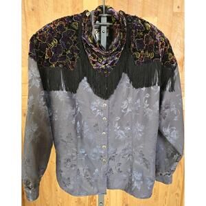 Pamela Brandt Vintage Fringed Western Long Sleeve Blouse with Scarf USA Size XL